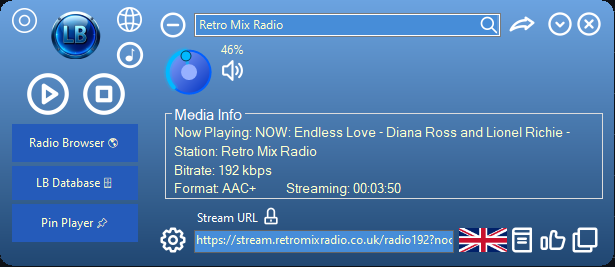 Live Beats WebRadio Player Interface showing customizable themes and station list